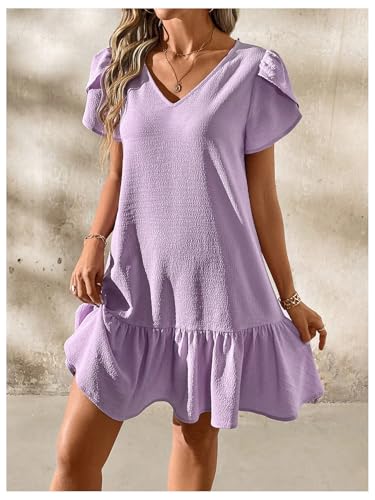 Women's Ruffle Puff Short Sleeve V Neck Textured Summer Short Dresses