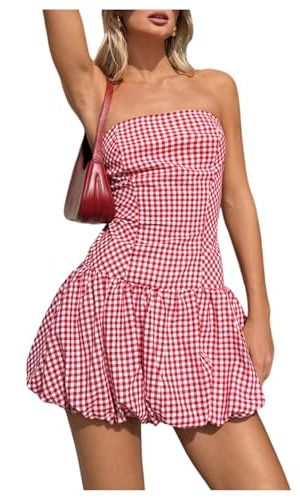 Women's Plaid Strapless Bubble Dress Sleeveless Ruffle Mini Tube Dresses