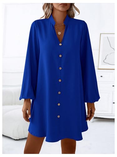 41pxP1RJxiL.jpg Women's V Neck Pullover Shirt Dress A Line Long Lantern Sleeve Flared Loose Mini Dresses