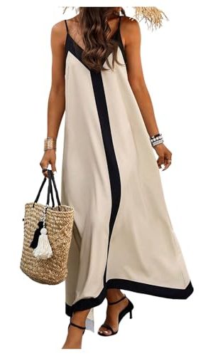 Women's Spaghetti Strap V Neck Color Block A Line Vacation Maxi Dress