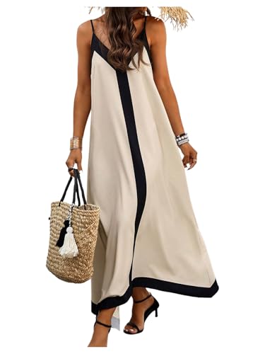 41qPAK2DFL.jpg Women's Spaghetti Strap V Neck Color Block A Line Vacation Maxi Dress