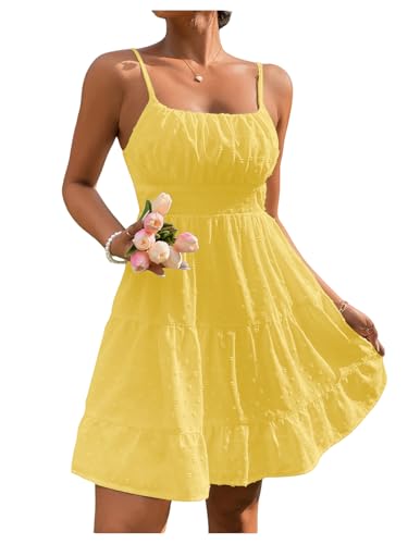 41qaoAmF6nL.jpg Women's Swiss Dots Sleeveless Ruched Bust Ruffle Hem Cami Short Dress