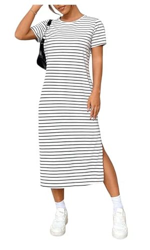 Women's Striped T Shirt Dress Crewneck Short Sleeve Split Hem Summer Midi Dresses