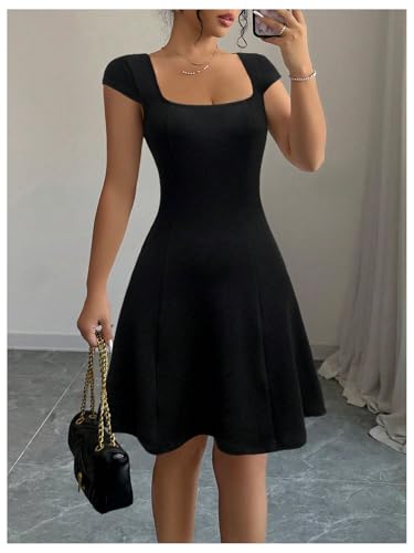 41r3Ny5J5yL.jpg Women's Summer Dress Square Neck Cap Sleeve A Line Flared Short Dresses