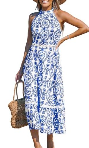 41rMwkHYEZL.jpg Women's Midi Dress Halter Paisley Sleeveless Cutout Waist Long Beach Boho Summer Dress