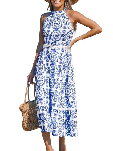 Women's Midi Dress Halter Paisley Sleeveless Cutout Waist Long Beach Boho Summer Dress