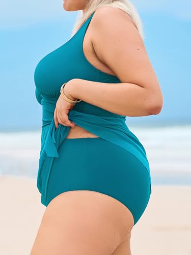 Women Tankini Sets Plus Size Two Piece Swimsuit High Waisted V Neck Mesh Ruched Self Tie Swim Dress