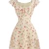 Girl's Floral Print Mesh Summer Dresses Tie Front Ruffle Sleeve A Line Short Dress