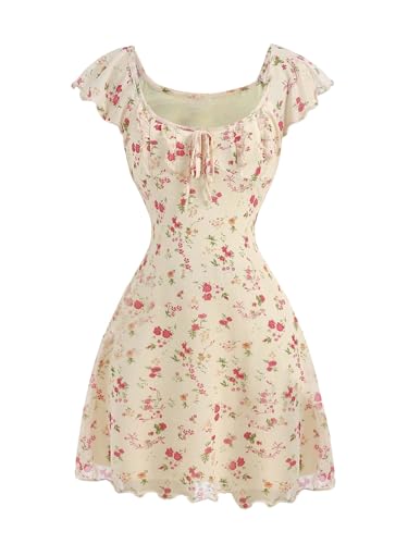 Girl's Floral Print Mesh Summer Dresses Tie Front Ruffle Sleeve A Line Short Dress