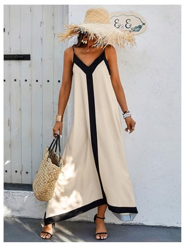 41rsGvwEP0L.jpg Women's Spaghetti Strap V Neck Color Block A Line Vacation Maxi Dress