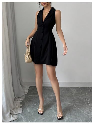 41s02vzzlAL.jpg Women's Summer Mini Dress Button Down Sleeveless Collared V Neck Business Casual A Line Dresses