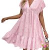 Women's Summer V Neck Short Smocked Dress Striped Bow Print Ruffle Flowy Vacation Dresses