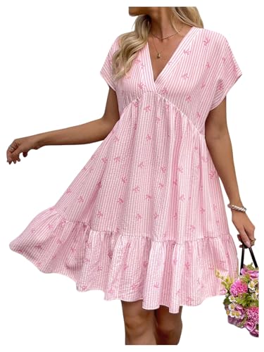 Women's Summer V Neck Short Smocked Dress Striped Bow Print Ruffle Flowy Vacation Dresses