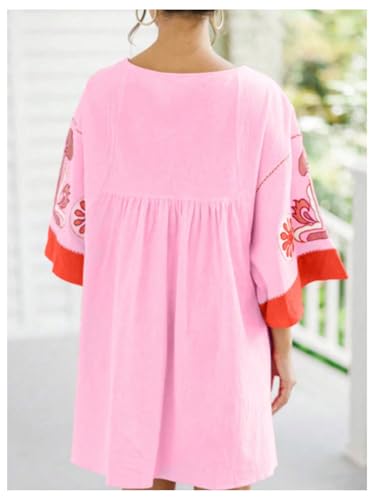 Women's Boho Print Summer Dress V Neck Half Sleeve Babydoll Flowy Loose Vacation Short Dresses