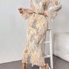 Women's Tie Dye Bodycon Dress Pleated Bell Sleeves Fishtail Party Long Dresses