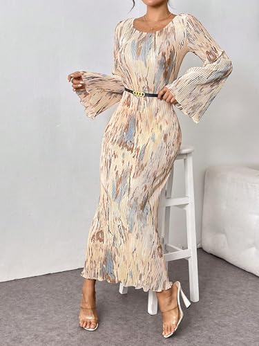 Women's Tie Dye Bodycon Dress Pleated Bell Sleeves Fishtail Party Long Dresses