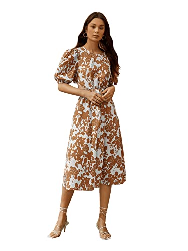 Women's Boho Floral Puff Sleeve Cut Out Dress Tie Back A Line Midi Dresses