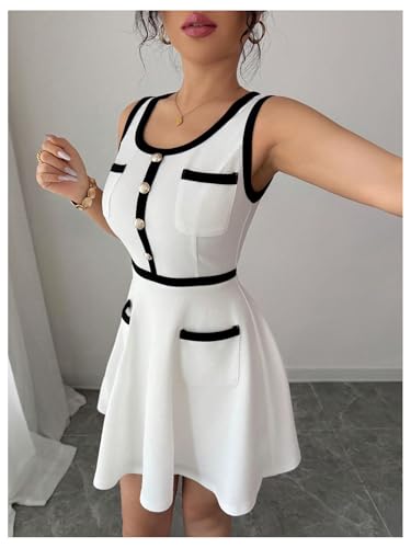 41sx72i2DaL.jpg Women's Summer Sleeveless Knitted Mini Dress Button Color Block Party Short Dresses