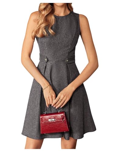41t-AUCB7eL.jpg Women's Sleeveless Dresses Elegant A-Line Button Loop Decor Round Neck Sundresses
