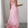 Women's Summer Floral Halter Maxi Dress Sleeveless Pleated A Line Flowy Belted Long Dresses