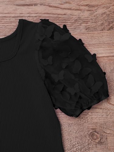 Girl's Appliques Mesh Puff Short Sleeve Bodycon Pencil Midi Dresses