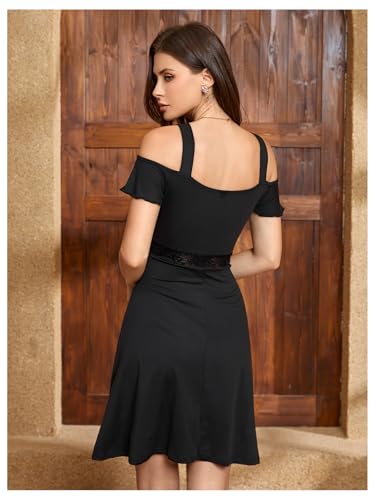 41thDM7fjL.jpg Women's Cold Shoulder A line Dresses V Neck Ruffle Short Sleeve Cut Out Short Dress