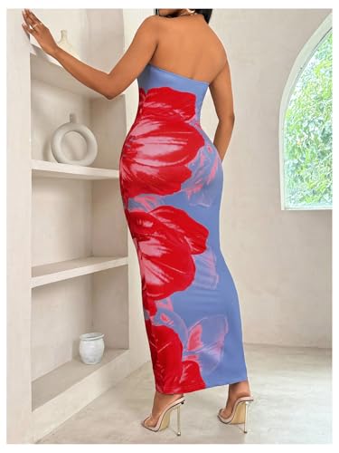 Women's Floral Print Tube Bodycon Long Dress Strapless Sleeveless Summer Maxi Dresses