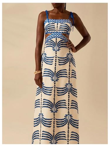 41tsXSKz88L.jpg Women's Summer Maxi Dress Boho Print Tie Shoulder Spaghetti Strap Cut Out Tie Back Cami Dresses Sundress