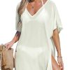 Women V-Neck Slit Mini Cover-Up Dress Casual Summer Short Sleeves Solid Cover Up