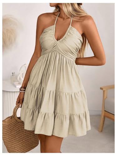 Women's Summer Mini Dress Halter Backless Sleeveless A Line Ruffle Hem Flowy Cami Dresses Sundress