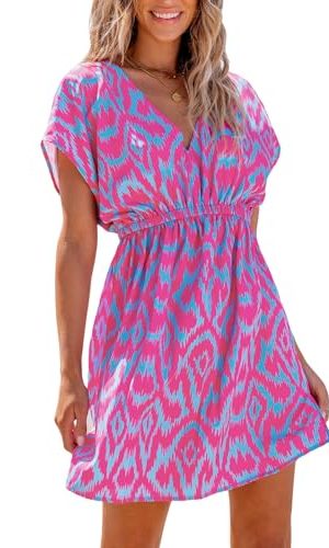 41uP2PptZxL.jpg Women's Swimsuit Coverup Casual V Neck Beach Dress Short Sleeve Elastic Waist Swimwear Cover Ups 2025 Beachwear