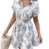 Women's Floral Print Button Short Sleeve Summer Boho Flowy Short Dress Beach Vacation Clothes