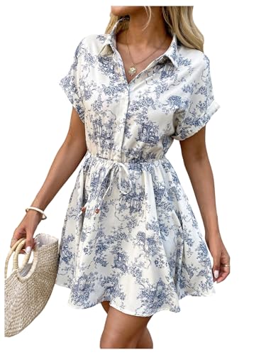 Women's Floral Print Button Short Sleeve Summer Boho Flowy Short Dress Beach Vacation Clothes