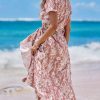 41uSbt9785L.jpg Women Summer Maxi Dress V Neck Short Sleeve Floral Print Wrap Slit Beach Casual Dress