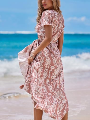 41uSbt9785L.jpg Women Summer Maxi Dress V Neck Short Sleeve Floral Print Wrap Slit Beach Casual Dress
