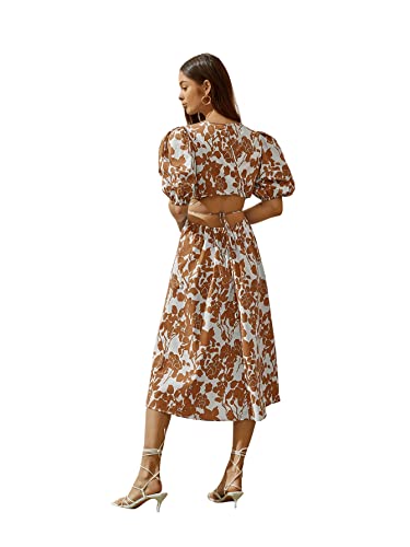 Women's Boho Floral Puff Sleeve Cut Out Dress Tie Back A Line Midi Dresses