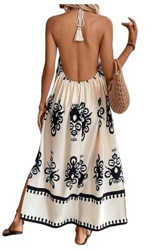 Women's Backless Halter Cami Dress Boho Print Sleeveless Split Hem Long Summer Dresses