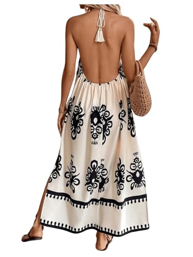 Women's Backless Halter Cami Dress Boho Print Sleeveless Split Hem Long Summer Dresses