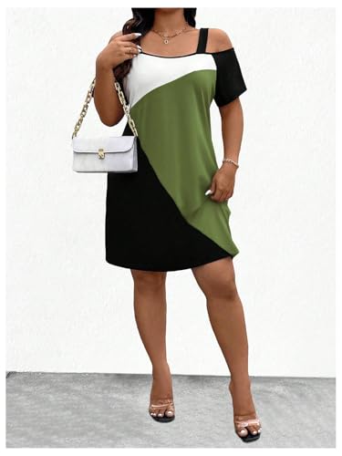 41uVihB7F2L.jpg Women's Plus Size Dress Cold Shoulder Color Block Short Sleeve T Shirt Dress Casual Summer Dresses