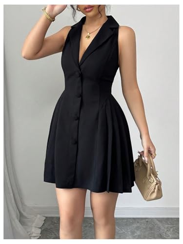 41uWdn8azZL.jpg Women's Summer Mini Dress Button Down Sleeveless Collared V Neck Business Casual A Line Dresses