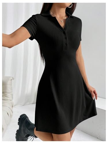 41uXKi2xZZL.jpg Women's V Neck Short Dresses Short Sleeve Collar Button A Line Dress Work Outfits