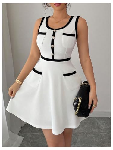 41vGEOjB0eL.jpg Women's Summer Sleeveless Knitted Mini Dress Button Color Block Party Short Dresses