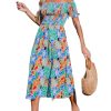 Women's Off The Shoulder Ruffled Short Sleeve Smocked Paisley Beach Midi Dress