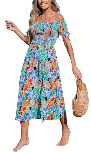 41vMeubhmSL.jpg Women's Off The Shoulder Ruffled Short Sleeve Smocked Paisley Beach Midi Dress