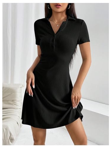 41vPSaTTaL.jpg Women's V Neck Short Dresses Short Sleeve Collar Button A Line Dress Work Outfits
