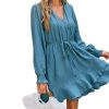 41vXKJczKhL.jpg Women's Ruffle Mini Fall Dress Smocked V Neck Tie Waist Long Lantern Sleeve Flounce Hem Casual Autumn Dresses