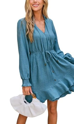 Women's Ruffle Mini Fall Dress Smocked V Neck Tie Waist Long Lantern Sleeve Flounce Hem Casual Autumn Dresses