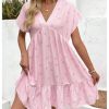 Women's Summer V Neck Short Smocked Dress Striped Bow Print Ruffle Flowy Vacation Dresses