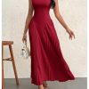 Women's Maxi Dress Sleeveless Pleated A Line Mock Neck Flowy Long Dresses