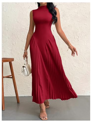 Women's Maxi Dress Sleeveless Pleated A Line Mock Neck Flowy Long Dresses